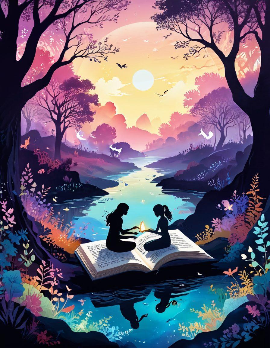A whimsical, mystical landscape filled with ethereal creatures and enchanting flora, depicting a serene journey through an open book where words flow like a river of light. Silhouettes of intimate conversations subtly visible in the background, with soft, radiant colors illuminating the scene. A blend of fantasy and erotic elements harmoniously integrated. dreamy, illustration style. vibrant colors. cyberspace.