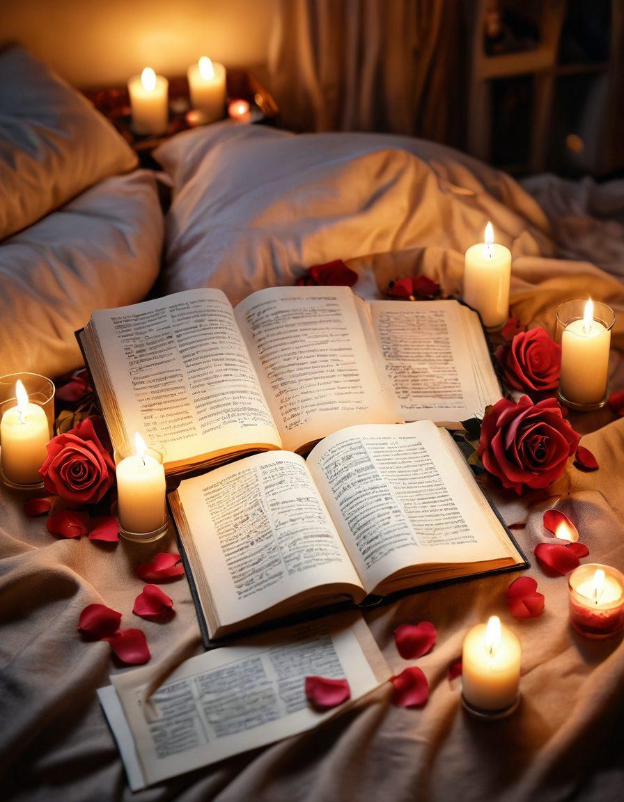 A romantic, softly lit scene featuring an open book with sensual illustrations on its pages, surrounded by candles and rose petals. In the background, a cozy, inviting space with plush pillows and warm hues, symbolizing comfort and intimacy. Delicate hints of artistic storytelling elements like quills and ink bottles enhance the atmosphere. super-realistic. warm colors. soft focus.