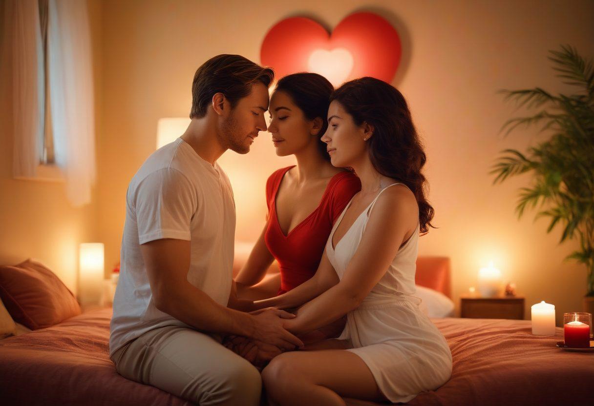 A passionate couple exploring intimacy in a serene setting, surrounded by soft lighting and subtle decor. Incorporate elements symbolizing health and awareness, like heart and wellness icons in the background. The scene should evoke warmth and connection, inviting readers to reflect on intimacy. Emphasize diverse representation. super-realistic. vibrant colors. soft focus.